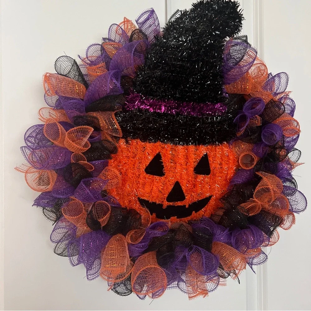 Homemade Halloween Pumpkin Decorative Mesh Purple, Orange and Black wreath